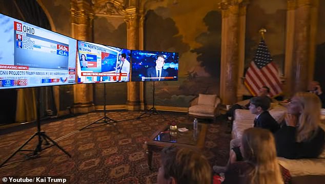 The video then cut to a clip that was taken inside the Trump family's intimate viewing party; There were plenty of couches lined up in front of three huge flat screen TVs.