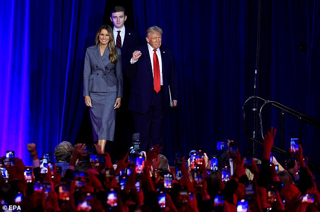 Melania Trump with her husband Donald Trump and son Barron on election night