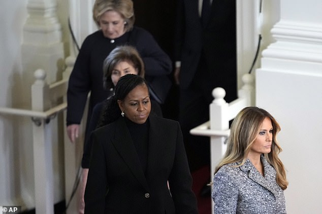 The last time Jill Biden and Melania Trump would have seen each other would have been at Rosalynn Carter's funeral in November last year: Melania Trump, Michelle Obama, Laura Bush and Hillary Clinton are seen entering the funeral.