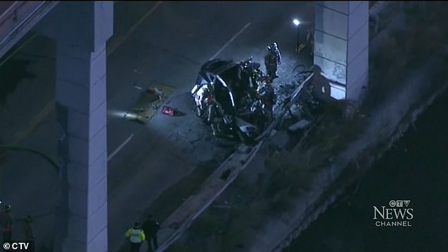 Police said the car crashed into a guardrail at high speed along Lake Shore Boulevard East in Toronto.