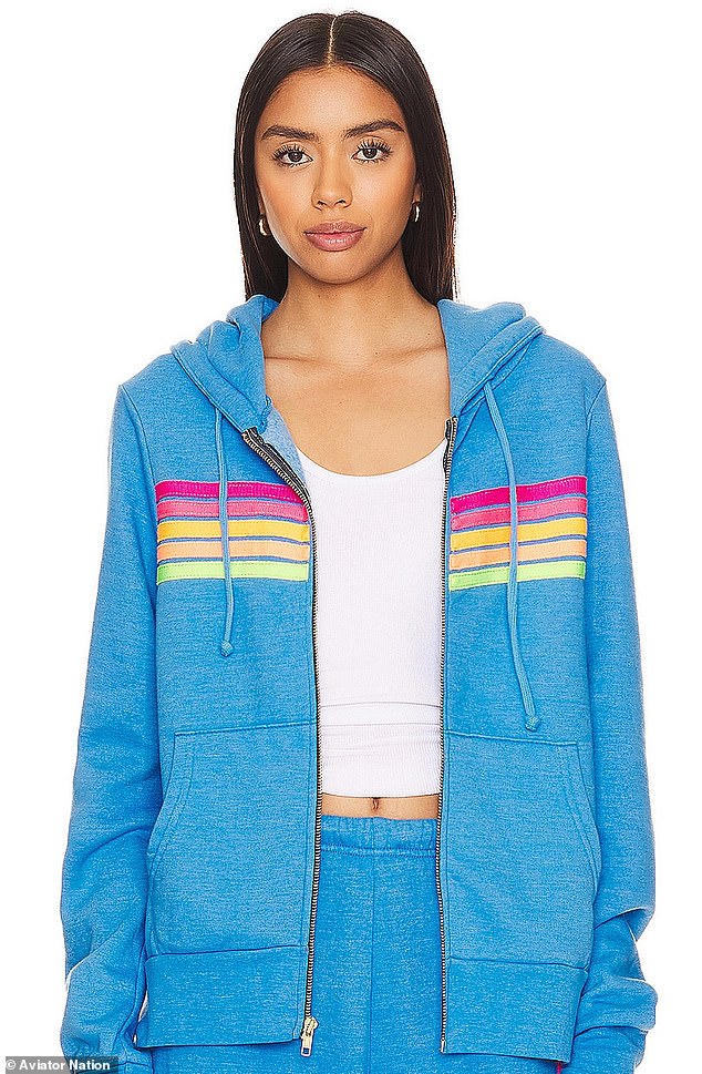 Her hoodie is from celebrity-loved loungewear brand Aviator Nation and features neon stitching on the sleeves (a similar one is shown here).