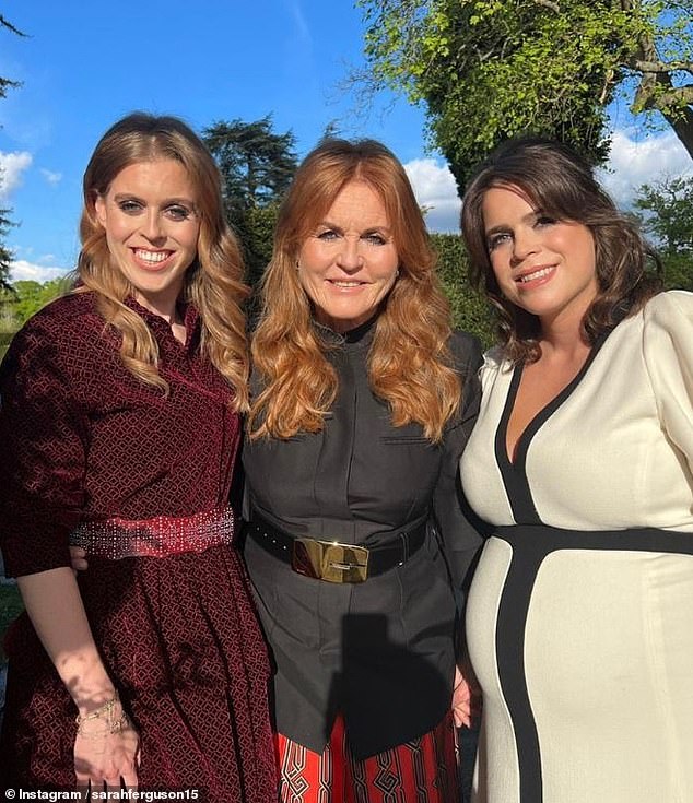 Sarah, photographed on the night of the Coronation Concert on May 7 last year, with Beatrice and Eugenie.