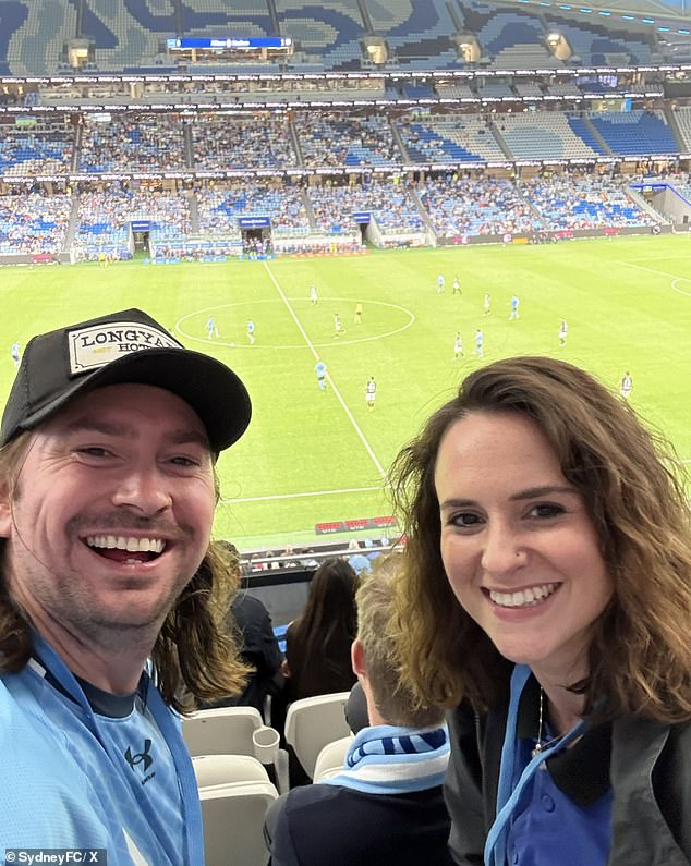 Raygun is pictured with Peking Duk musician Reuben Styles as guests at a Sydney FC A-League match