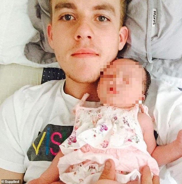 His Filipino stepmother groomed the 13-year-old boy until things turned sexual and she fathered his daughter (pictured: Harrison at age 15 with his newborn daughter)