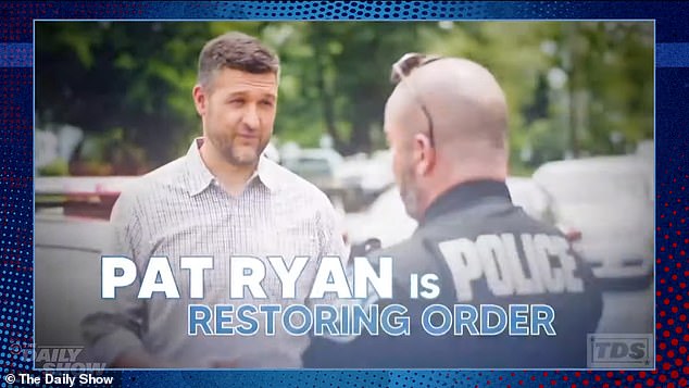 Stewart showed a wide range of Democratic campaign ads, with candidates from Sherrod Brown to Jon Tester to Pat Ryan claiming they would secure the border and talking about how they were against defunding the police.