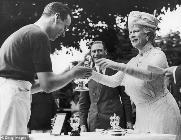 Queen Mary presents the Duke of York's polo cup to Louis Mountbatten at Ranelagh as the future George VI looks on in 1931.