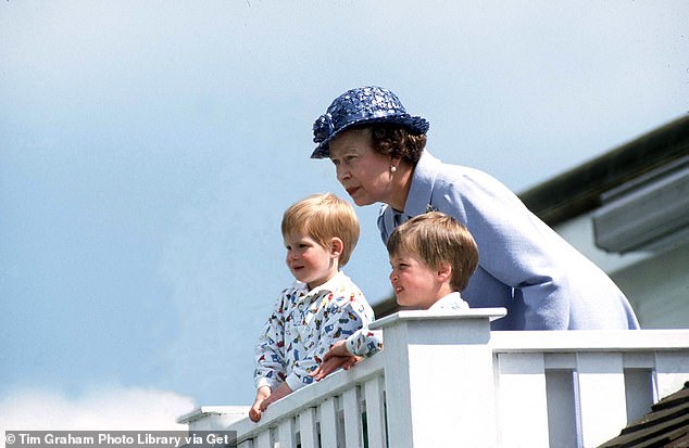 The Queen with her grandsons Harry and William watching a polo match in 1987.