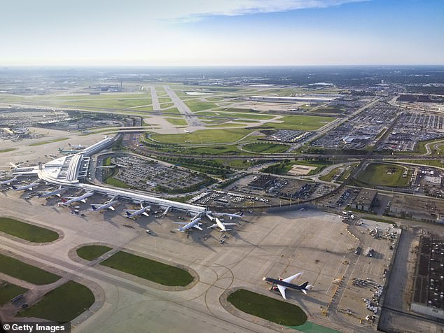 An aerial view of Chicago's O'Hare International Airport, where Ms. Hall was searched and detained.