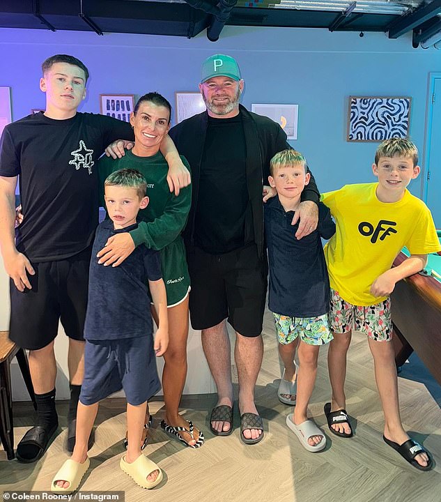 Coleen also revealed how she was asked several times to be on the show and finally said yes this year because her kids are old enough; Pictured with Wayne, Kai, 13, Klay, 10, Kit, 7, Cass, 5.