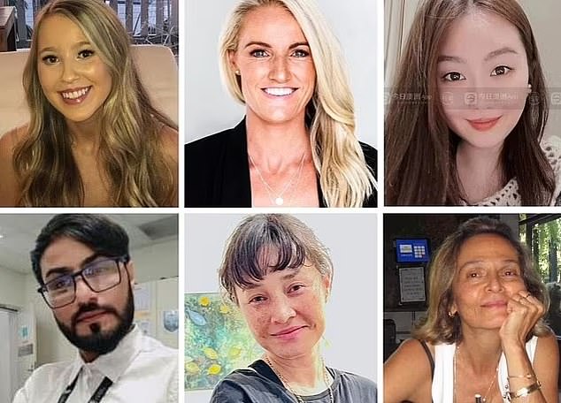 Bondi stabs the victims (top left) Dawn Singleton, Ashlee Good, Cheng Yixuan, (bottom left) Faraz Ahmed Tahir, Jade Young and Pikria Darchia