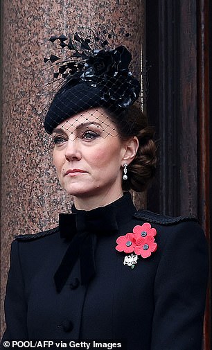 Velvet bow and buttons. Then: Remembrance Day 2024. The coat she wore on Sunday still has epaulets but with a closed collar covered by a velvet bow and matching buttons. It is less theatrical and allows for an extravagant hat with a veil.