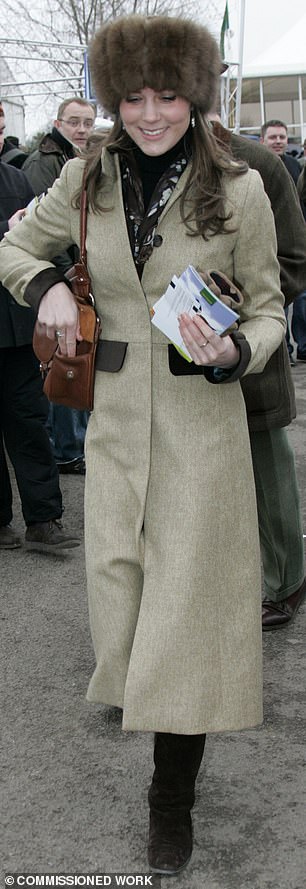 Youthful hem length. First worn: Cheltenham 2006. This Katherine Hooker tweed coat began life as a conservative midi dress for the Cheltenham Gold Cup.