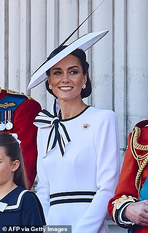 'My Fair Lady' arc. Then: Trooping the Color 2024. Kate's Jenny Packham dress was transformed for this year's Trooping the Color with a striped grosgrain bow and belt, exuding the glamor of 