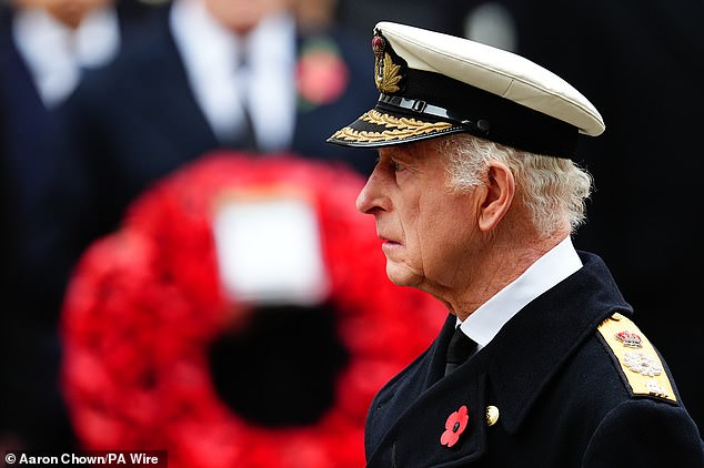 The King laid a wreath at the cenotaph on Sunday to honor the British war dead.