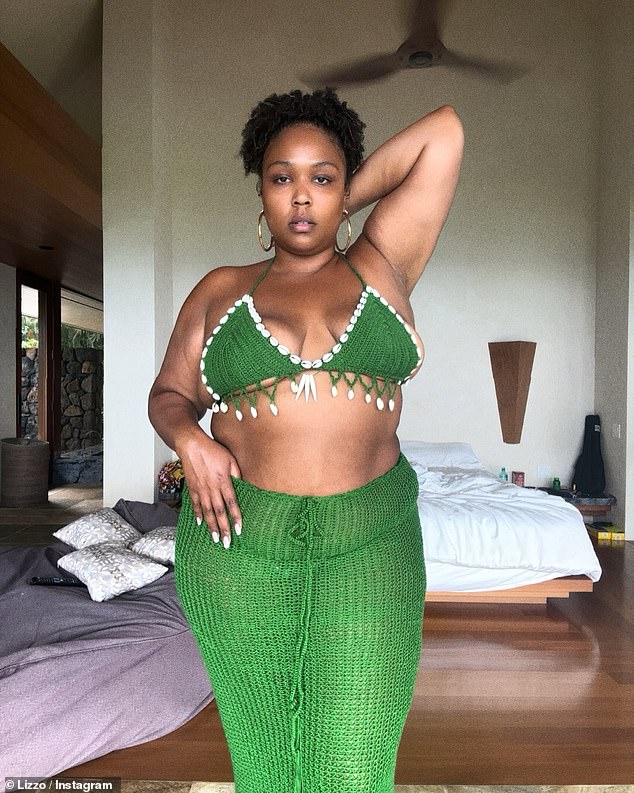 In addition to a stunning photo of her showering in a gray crochet bikini, Lizzo also wowed when she donned a green knit dress with a matching skirt.