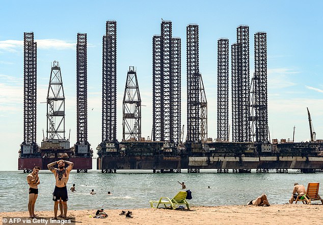 A file image of oil platforms in the Caspian Sea in Azerbaijan.