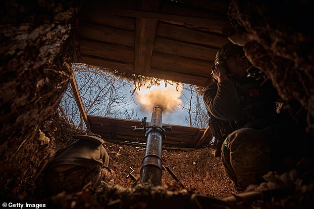 Ukrainian soldiers of the mortar group of the "Karpatská Sich" The battalion conducts combat operations and targets the Russian Army with a 120mm mortar on November 11, 2024 in Toretsk, Ukraine.