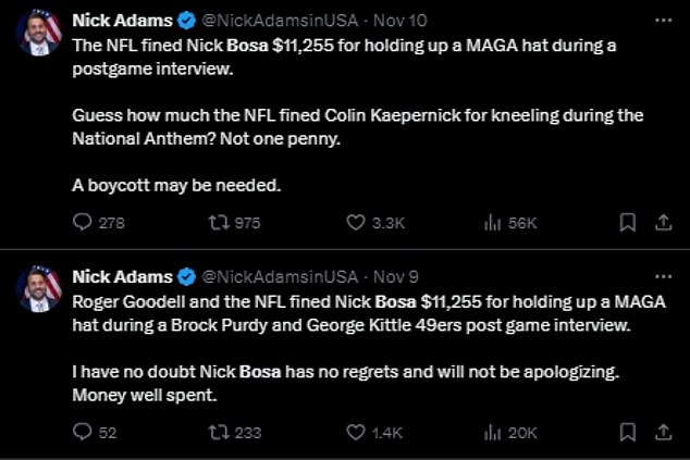 Social media personality Nick Adams seized on the issue and claims he is boycotting the NFL.