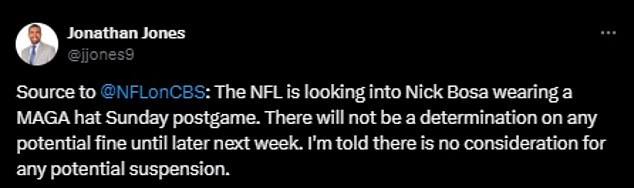 CBS reported on Nov. 1 that the league planned to delay Bosa's fine until after the election.