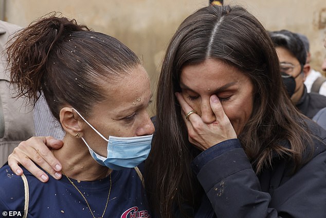 Queen Letizia appeared to cry while speaking to a woman in Paiporta on November 3