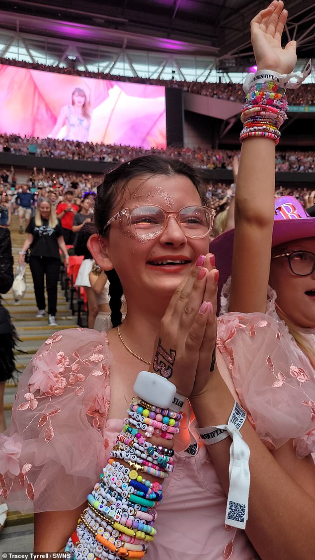 The 12-year-old has suffered from hearing loss since birth and has already been delighted to see Taylor Swift on the Eras Tour (pictured), visit the Eiffel Tower and go to Legoland.