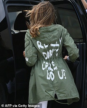 Melania Trump leaves Andrews Rorce Air Force Base in Maryland on June 21, 2018 wearing a jacket emblazoned with the words "I don't really care, do you?"