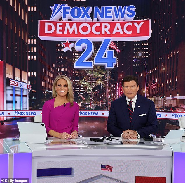 The network's struggles over the past eight years have seen it replaced by Fox News as the cable leader. Pictured are Fox News anchors Martha MacCallum and Bret Baier on election night, where they beat CNN by nearly 5 million viewers.