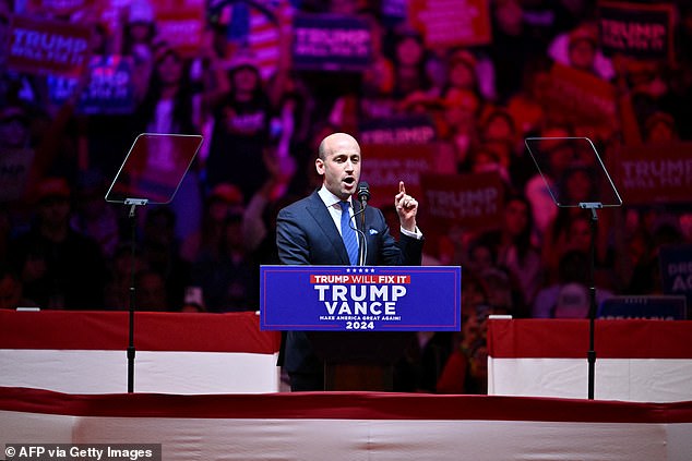 Trump senior adviser Stephen Miller speaks at a campaign rally for former US president and Republican presidential candidate Donald Trump at Madison Square Garden in New York on October 27, 2024.