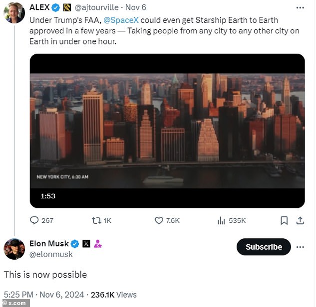 In response to a fellow X user promoting the Starship 'Earth to Earth' project, Musk simply said: 