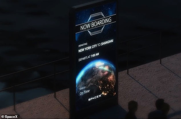 As passengers board a ship at a spaceport at sea, a digital departure board reads: 