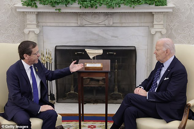 Trump made the announcement on the day Israeli President Isaac Herzog (left) met with President Joe Biden.