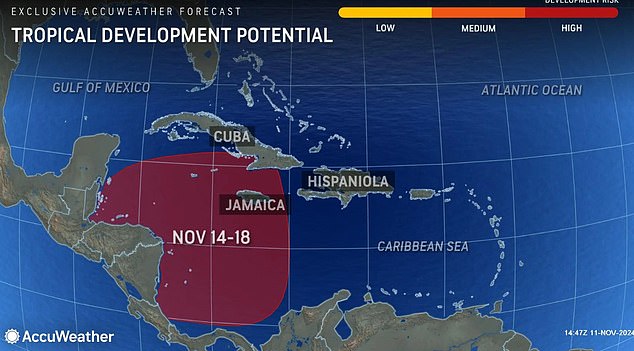 The storm will increase its wind speed between November 14 and 18 as it enters the Gulf of Mexico