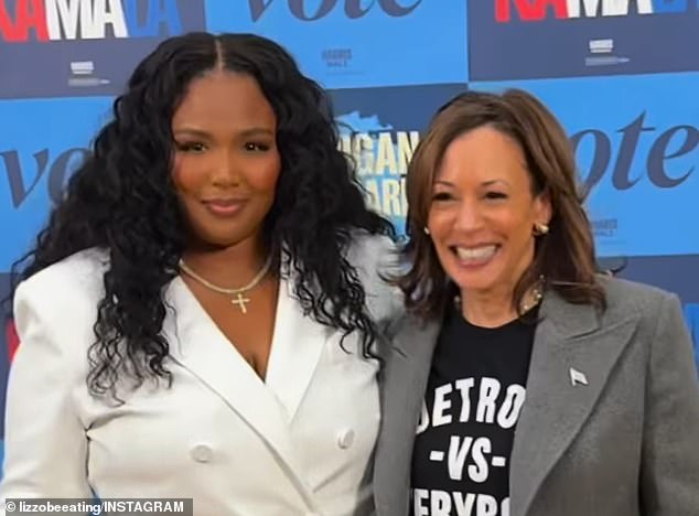 Singer Lizzo (left) poses with Vice President Kamala Harris (right) in Detroit on October 19. The most recent FEC filings for the Harris campaign are dated Oct. 17, so if payments were made to Melissa Viviane Jefferson, they would not be released. still