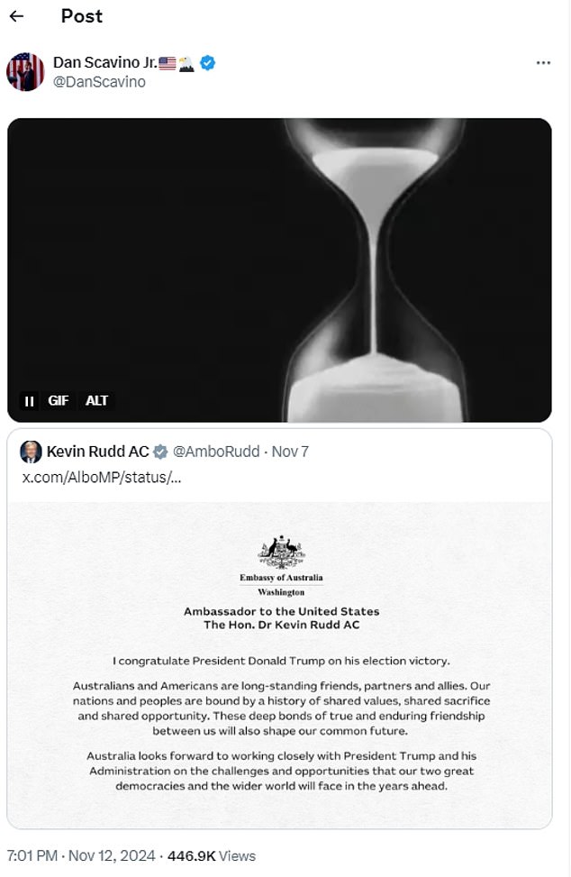 Trump senior adviser Dan Scavino Jr responded to Rudd's congratulatory message on Trump's election victory with an hourglass emoji on social media platform X.