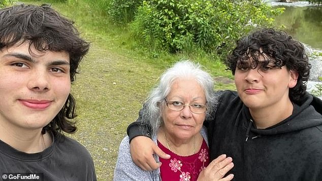 Kavik Wolfe, 15, (pictured with his grandmother Xochitl Morris and younger brother) has second-degree burns on his face and body and third-degree burns on his hands.