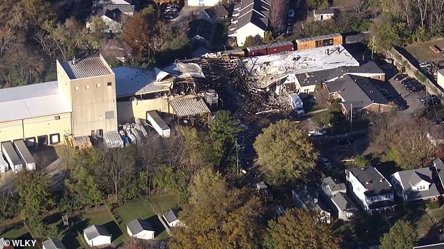 Local news outlet WLKY has shared dramatic drone footage showing a shell of blackened rubble in the middle of a partially destroyed multi-story building.