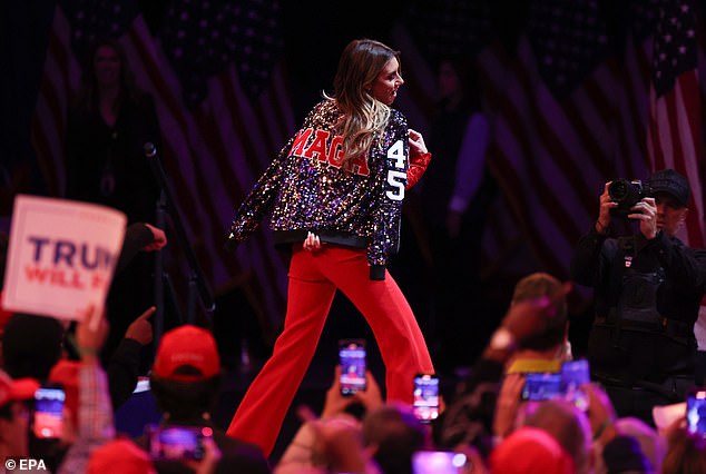 Habba Dons Sparkly MAGA Jacket at Madison Square Garden Rally on October 27, 2024