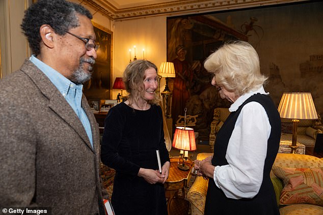 Harvey, who was nominated for the prestigious literary award in 2009 for her debut novel The Wilderness, is the 19th woman to win since the first prize in 1969. Pictured: Speaking to Queen Camilla today