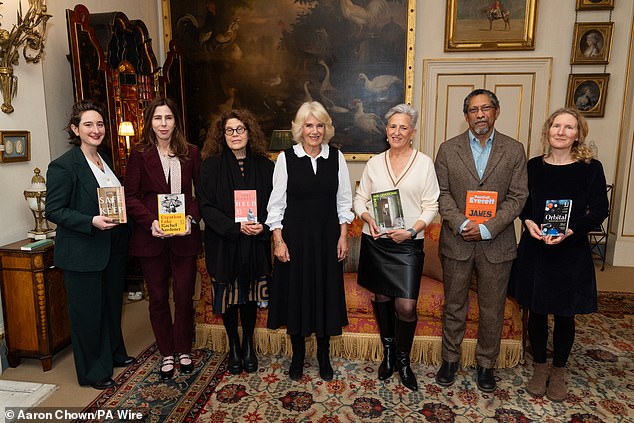 Yael van der Wouden, Rachel Kushner, Anne Michaels, Queen Camilla, Charlotte Wood, Percival Everett and Samantha Harvey during a reception for the Booker Prize Foundation at Clarence House