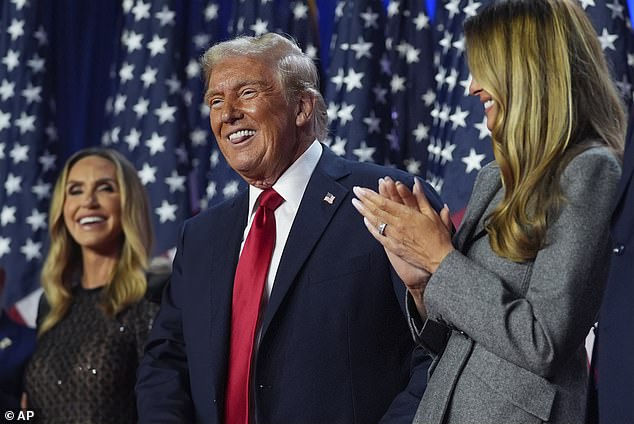 President-elect Donald Trump takes the stage with former first lady Melania Trump, as Lara Trump looks on, at an election night watch party at the Palm Beach Convention Center, Wednesday, Nov. 6, 2024, in West Palm Beach, Florida.