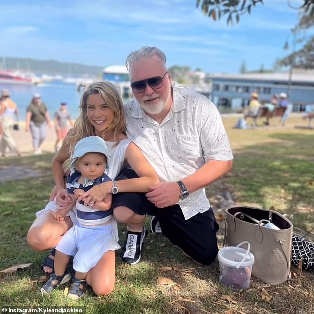 Kyle is unlikely to heed the new warnings, as the shock jock revealed in 2020 that he has been known to light up in the shower. Kyle is pictured with his wife Teagan Kynaston and son Otto.