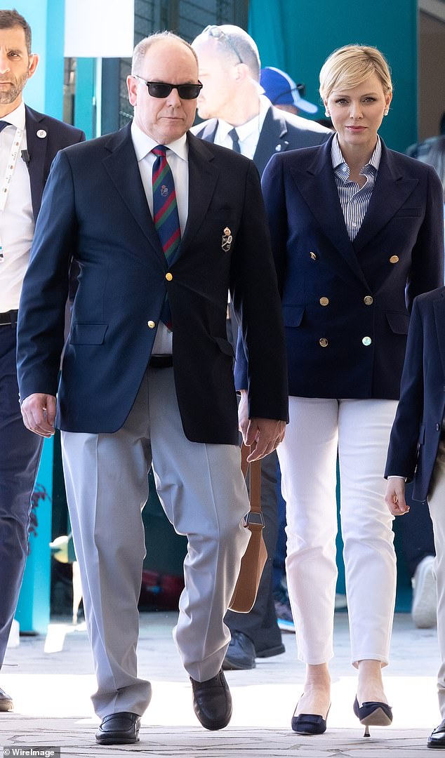 Princess Charlene of Monaco and her husband, Prince Albert, attended the final match of this year's Rolex Monte-Carlo Masters tennis tournament wearing his and her blazers.