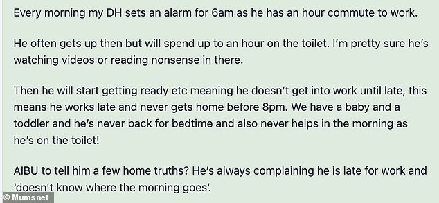 On the British parenting platform Mumsnet, the frustrated wife explained that her husband spends so much time in the bathroom 