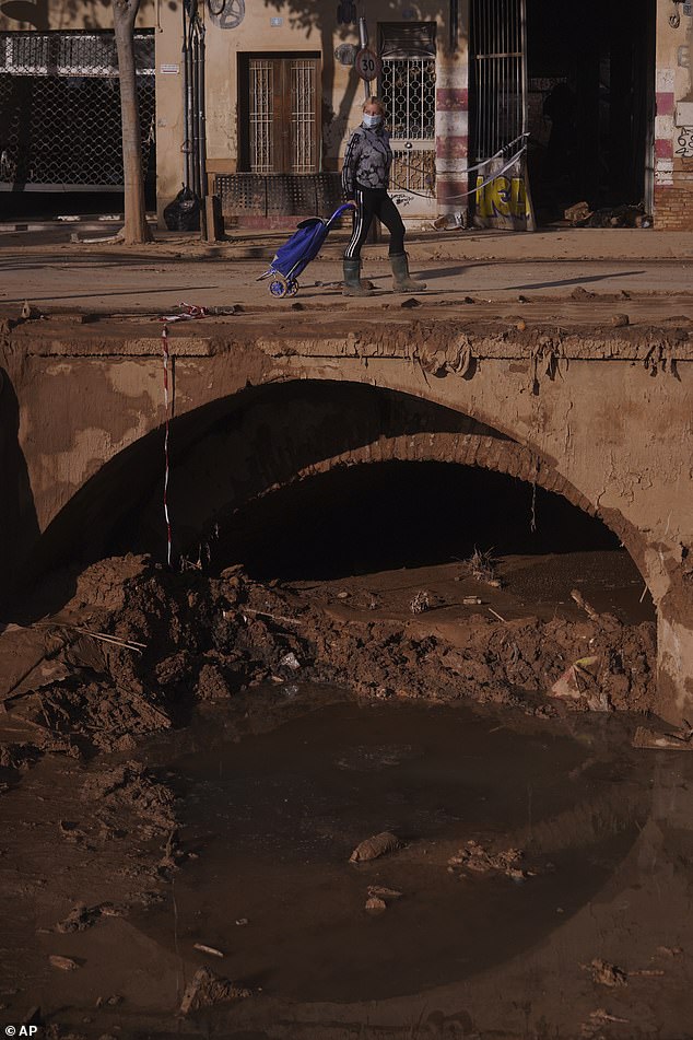 A man pulls a shopping cart across a bridge after flooding in Catarroja left hundreds dead or missing in the Valencia region of Spain, Tuesday, Nov. 12, 2024.