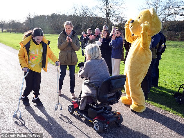 The Duchess of Edinburgh applauds as Emily completes the Long Walk challenge in Windsor as part of BBC Children in Need and The One Show's fundraiser, The Challenge Squad.