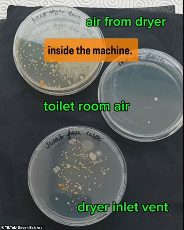 The scientist compared bacteria directly from the hand dryer, toilet air, and dryer inlet vent. He found that the dryer plates contained the most bacteria.