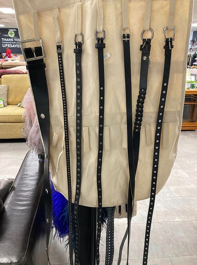 A corset adorned with studded belts was among the charity shop's loot.