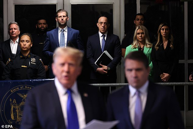 Leavitt, seen here second from right alongside attorney Alina Habba, was a familiar sight in the New York courtroom where Trump stood trial earlier this year.