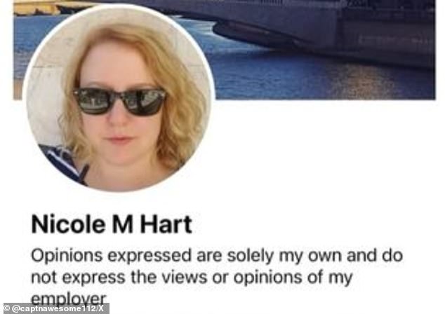 The screenshot above of a tweet posted by X user @captnawesome112 appears to show a social media profile for Nicole M Hart.