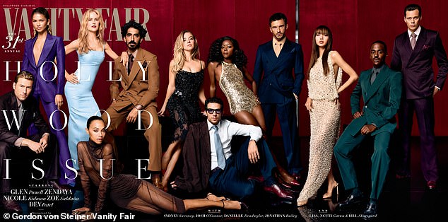 (L-R) Glen Powell, Zendaya, Nicole Kidman, Zoe Saldana, Dev Patel, Sydney, Josh O'Connor, Danielle Deadwyler, Jonathan Bailey, Lisa, Ncuti Gatwa and Bill Skarsgard covered the Vanity Fairy Hollywood issue.